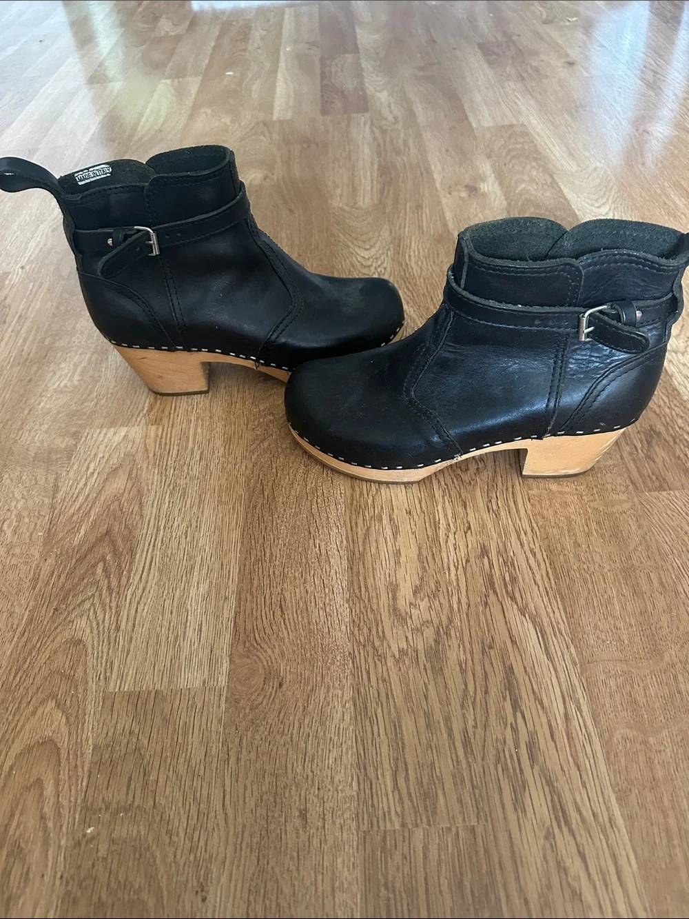 Swedish Hasbeens Black Leather Clog Ankle Boots with Natural Wood Heel